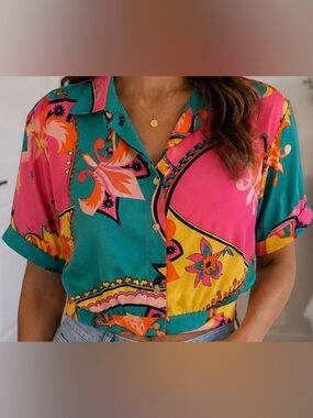 Lulumari Pink Teal & Yellow Floral Button-Front Shirt, Med. NWOT